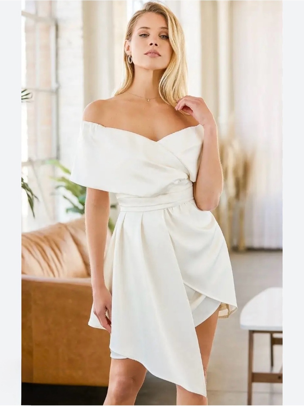 Lulus Women’s Large Always Celebrating Ivory Satin Off-The-Shoulder Mini Dress